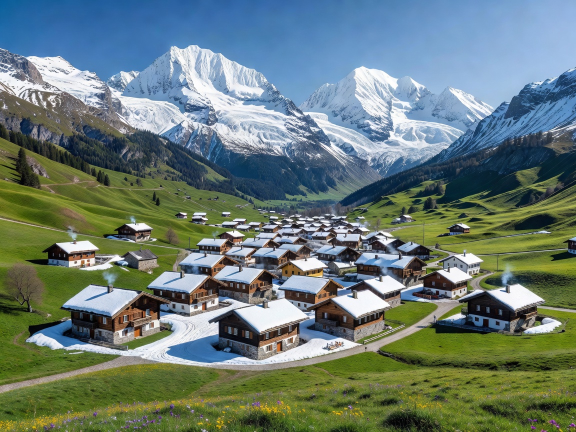 Alpine town in a scenic valley framed by snow-capped peaks and green meadows