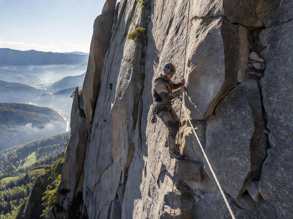 Climber secured to a steel cable on a high vertical rock cliff with valleys below