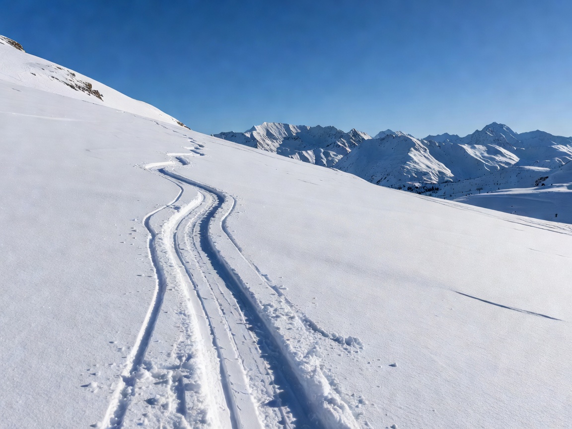 Fresh ski tracks down a snowy slope with mountains in the background