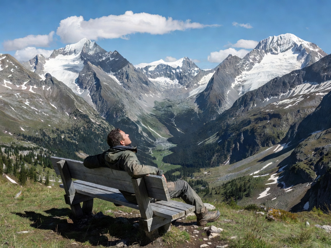 Hiker resting on a wooden bench looking out over high Alpine valleys and rocky peaks