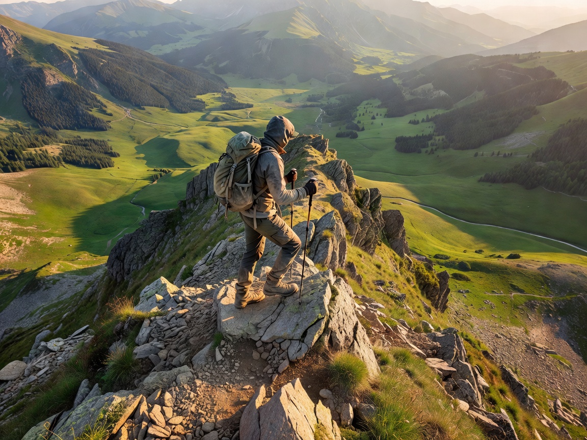 Hiker walking along a rocky mountain ridge with green valleys below