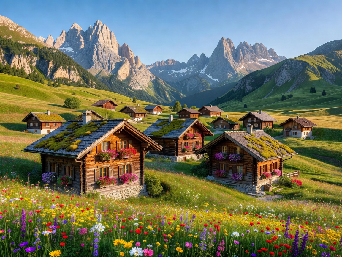 Picturesque Alpine village surrounded by meadows and rocky mountain peaks