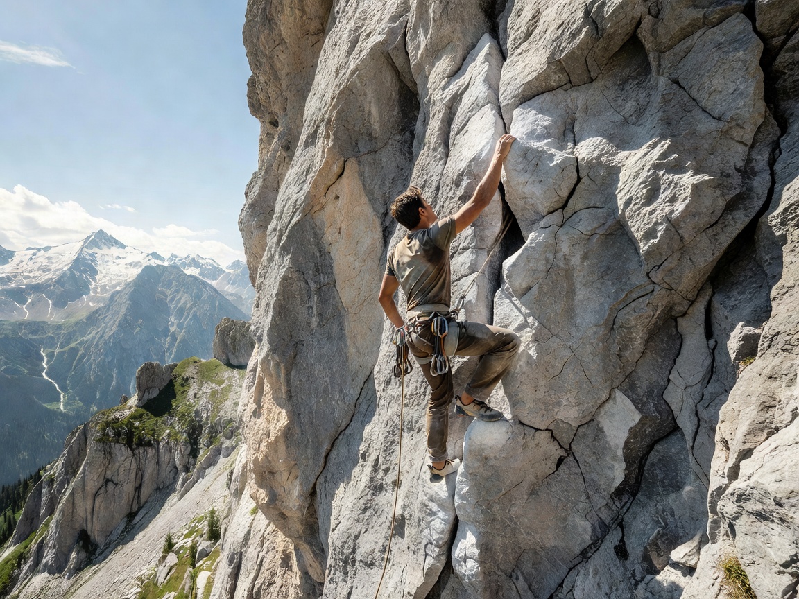 Rock climber ascending a limestone cliff face in the Alps