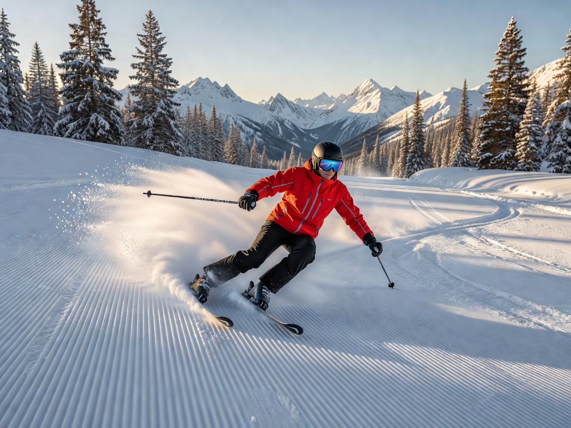 Skier turning down a freshly groomed mountain piste