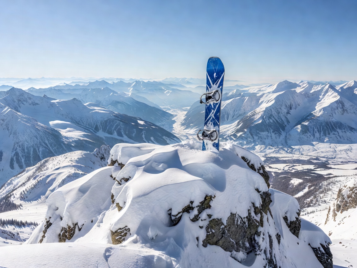 Snowboard placed on a snowy peak overlooking distant Alpine valleys