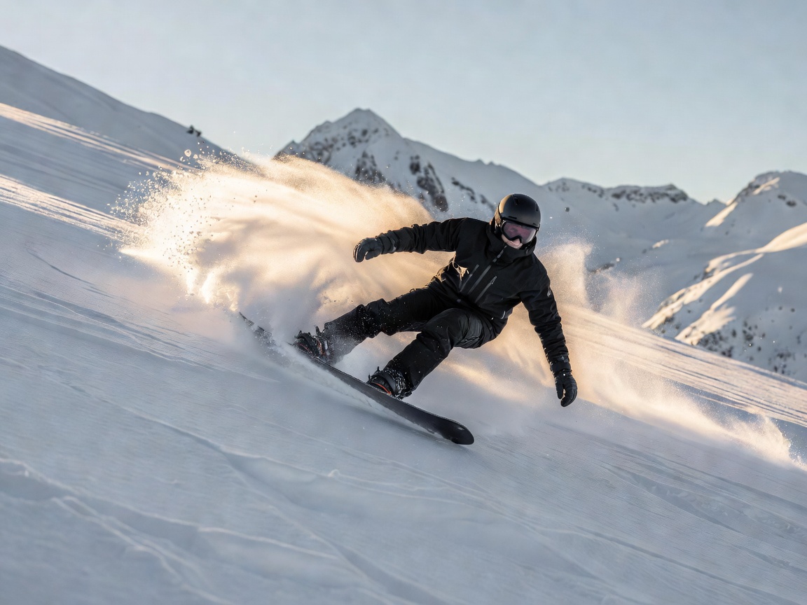 Snowboarder carving a turn on a snow-covered mountain slope