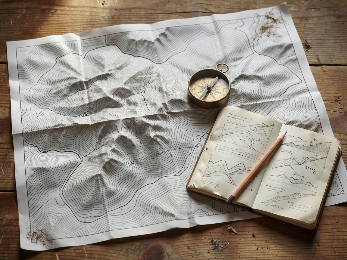 Topographic map spread out on a wooden table with a compass and trail notebook